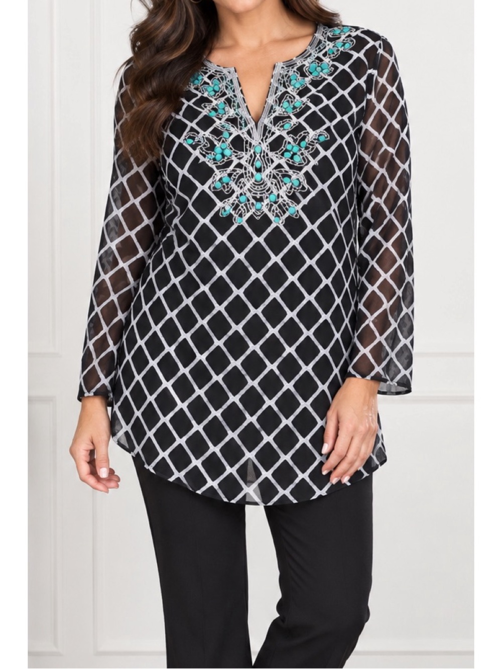 INC International Concepts elegant black-and-white diamond-print sheer tunic